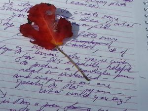 leaf and purple writing