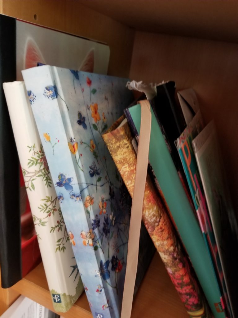 journals on shelf
